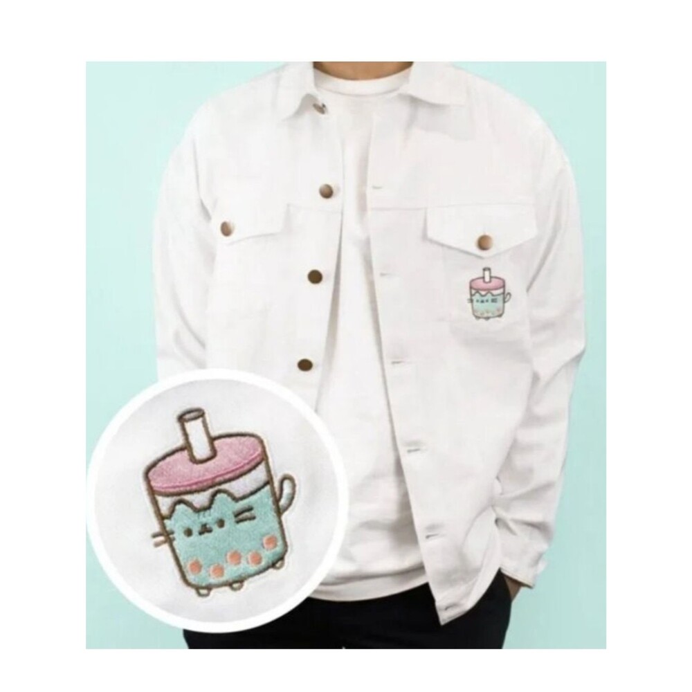 NEW Pusheen Bobasheen Cream White Denim Jean Jacket - Size XS Mens Unisex Womens